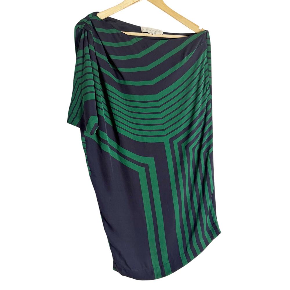 Stella McCartney Navy Green Striped One Shoulder Silk Shift Mini Dress Medium